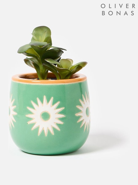 Oliver Bonas Green Small Sun Ceramic Plant Pot (W65564) | £15