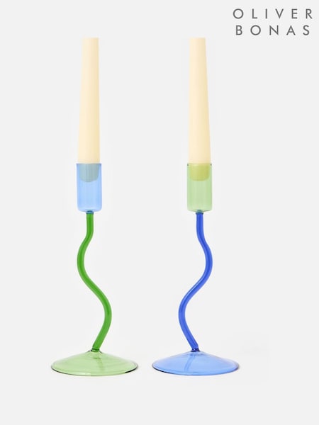Oliver Bonas Set of 2 Multi Wobble Glass Candlestick Holders (W65565) | £20