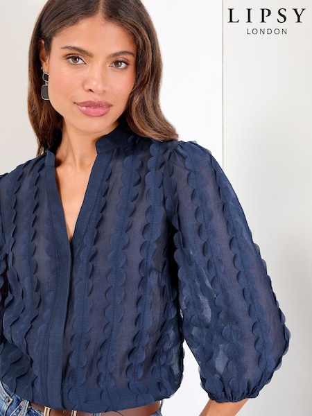 Lipsy Navy 3D Fabric Grandad Collar Short Sleeve Shirt (W65639) | £42