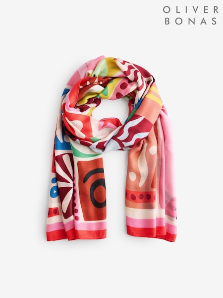 Oliver Bonas Pink Multicoloured Summer Postcard Print Lightweight Scarf (W65772) | £29.50