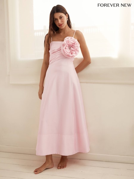 Forever New Pink Felicia Structured Flower Print Midi Dress Contains Linen (W65934) | £0