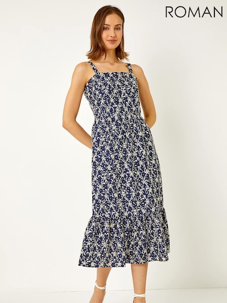 Roman Blue Broderie Detail Cotton Midi Dress (W65962) | £55