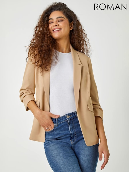 Roman Natural Ruched 3/4 Sleeve Stretch Blazer (W65963) | £55