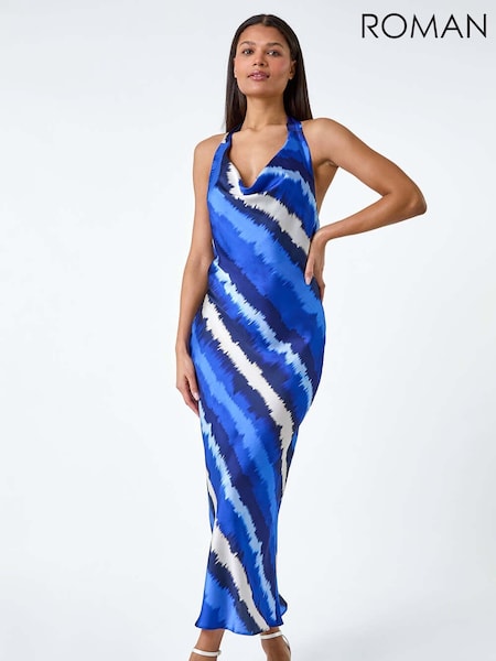Roman Blue Stripe Satin Bias Cut Bodycon Dress (W65965) | £0