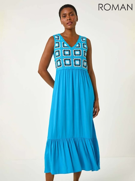 Roman Blue Sleeveless Crochet Fit & Flare Midi Dress (W65971) | £48