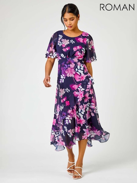 Roman Blue Floral Print Chiffon Frill Asymmetric Midi Dress (W65973) | £70