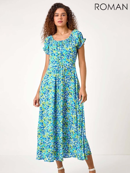 Roman Blue Lace-Up Detail Floral Print Bardot Dress (W65975) | £50