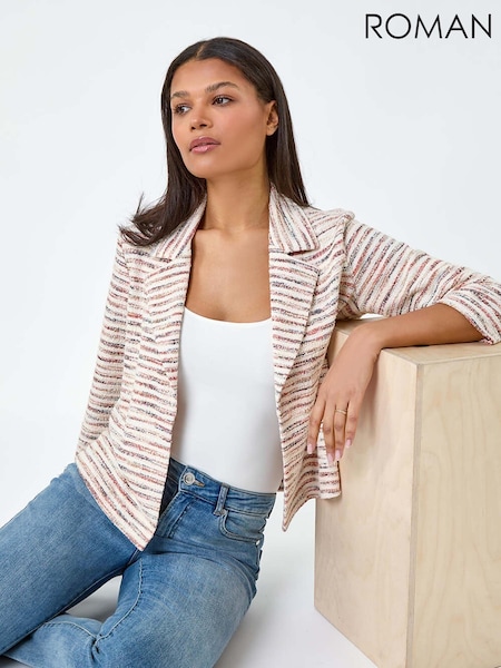 Roman Orange Stripe Textured 3/4 Sleeve Cotton Blend Jacket (W65977) | £50