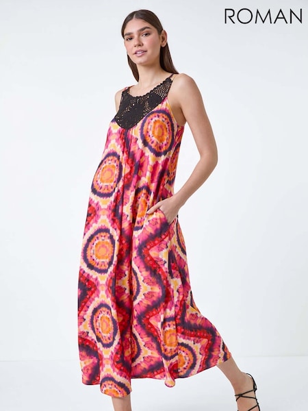 Roman Pink Tie Dye Crochet Detail Pocket Midi Dress (W65982) | £55