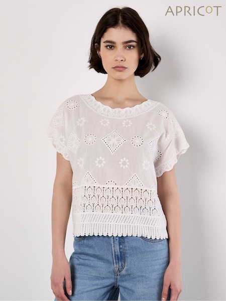 Apricot White Folk Embroidered Mesh and Lace Top (W66041) | £35