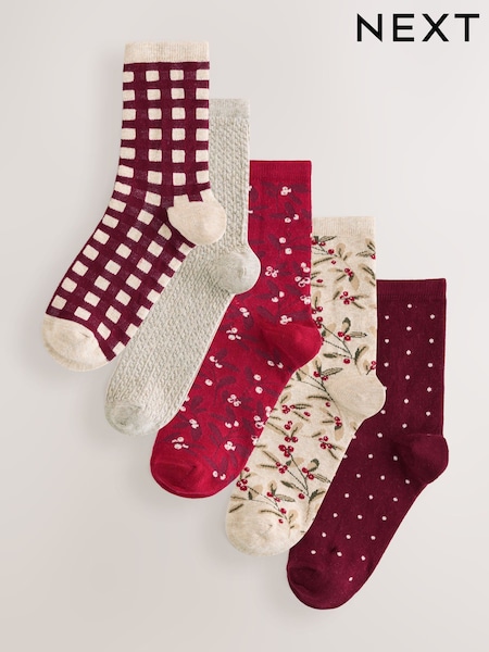Ditsy Christmas Berry Ankle Socks 5 Pack (W66123) | £12