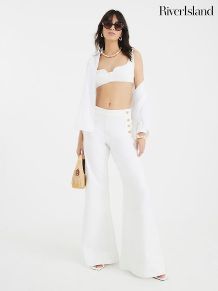 River Island White High Rise Button Palazzo Jeans (W66323) | £48 - £61
