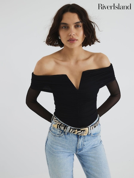 River Island Black Mesh Bardot Bodysuit (W66345) | £30