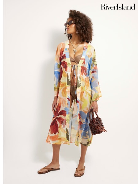 River Island Blue Printed Long Line Kimono (W66363) | £49