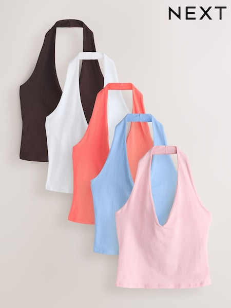 Brown/Pink/Coral/Blue/White Halter Neck Tops 5 Pack (W66446) | £42.50