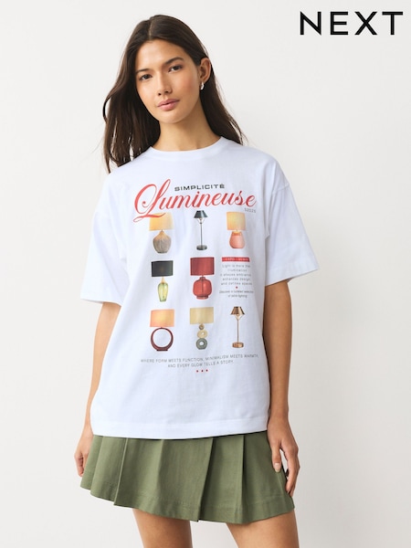 White Short Sleeve Graphic Lamps Crew Neck T-Shirt (W66537) | £16