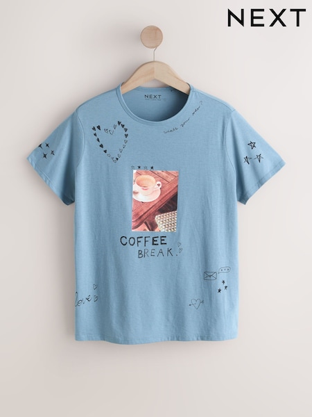 Blue Coffee Graphic Short Sleeve Crew Neck T-Shirt (W66541) | £8