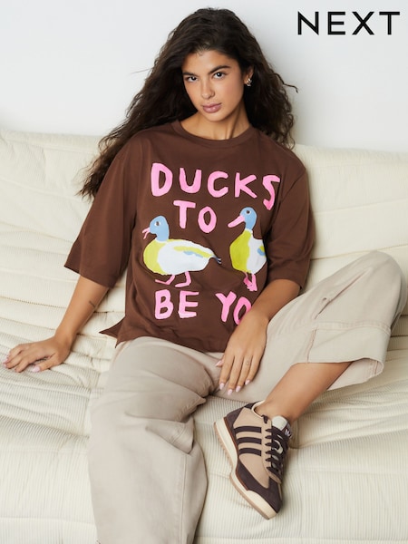 Chocolate Brown Duck Graphic Short Sleeve Crew Neck T-Shirt (W66542) | £12