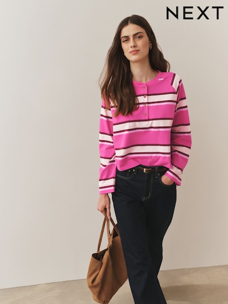 Pink Stripe Button Henley Crew Neck Long Sleeve Top (W66589) | £18