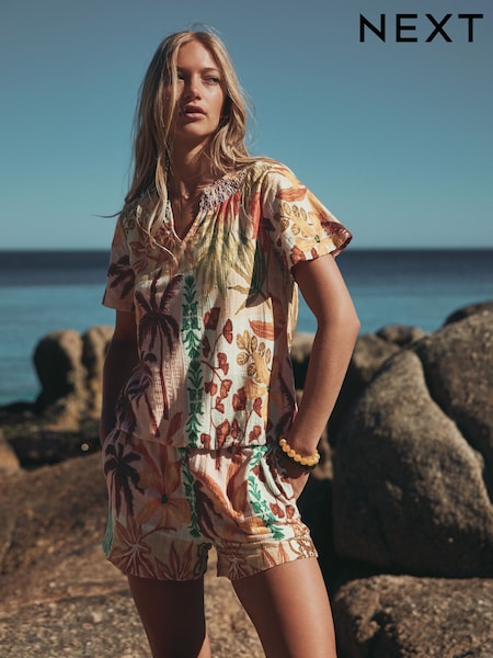 Pink Palm Print Short Sleeve Notch Neck Shirred Bubblehem Top (W66607) | £18.50