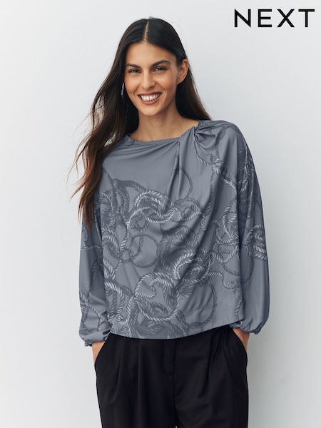 Grey Rope Print Twist Neck Long Sleeve Blouse (W66613) | £32