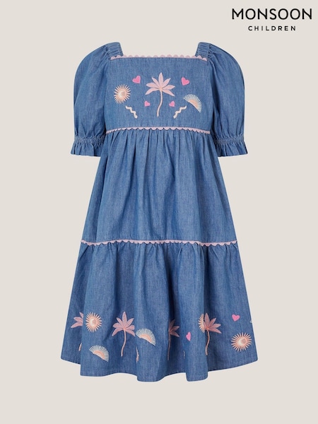 Monsoon Blue Embroidered Puff Sleeve Denim Dress (W66674) | £34 - £38