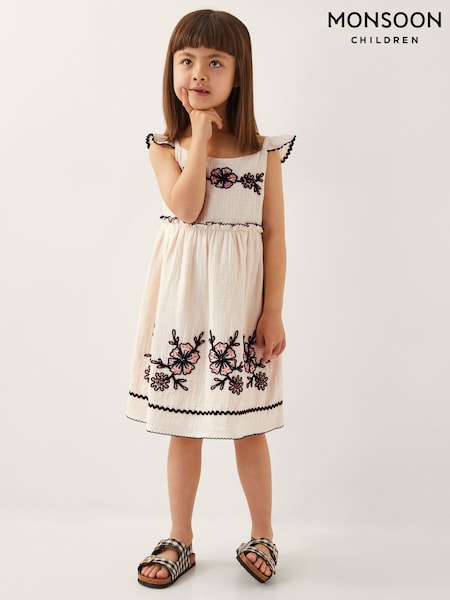 Monsoon Natural Floral Print Cornelli Embroidered Dress (W66689) | £34 - £39