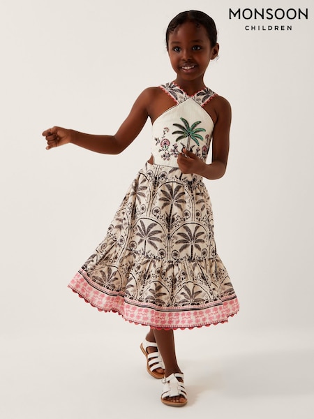 Monsoon Natural Palm Print Embellished Halter Dress (W66694) | £36 - £41