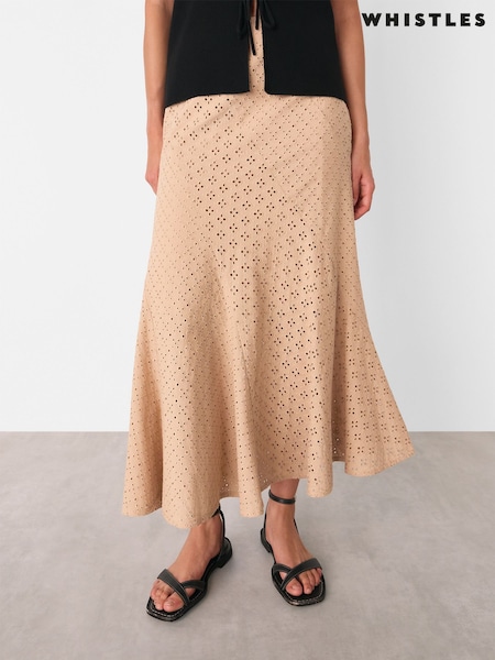 Whistles Brown Cotton Broderie Midi Skirt (W66702) | £129