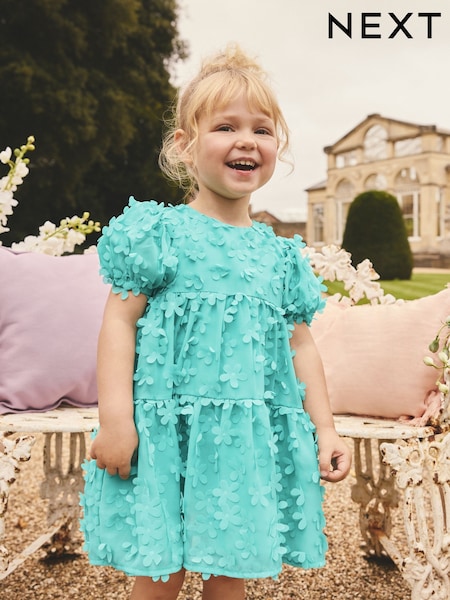 Teal Blue Short Sleeve 3D Flowers Dress (3mths-8yrs) (W66744) | £18 - £24