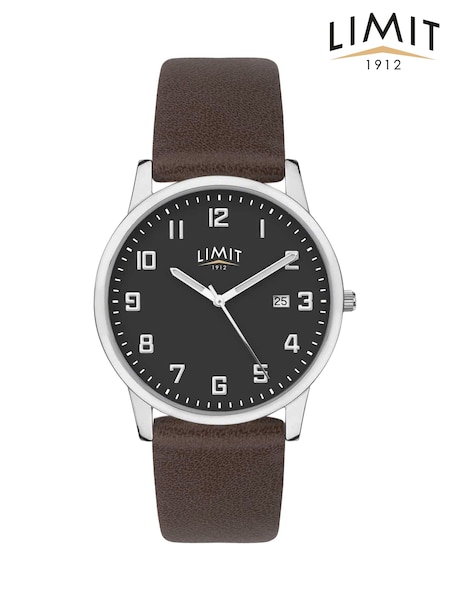 Limit Modern 38mm Mens Round Silver Analogue Watch with Brown Strap (W66785) | £25