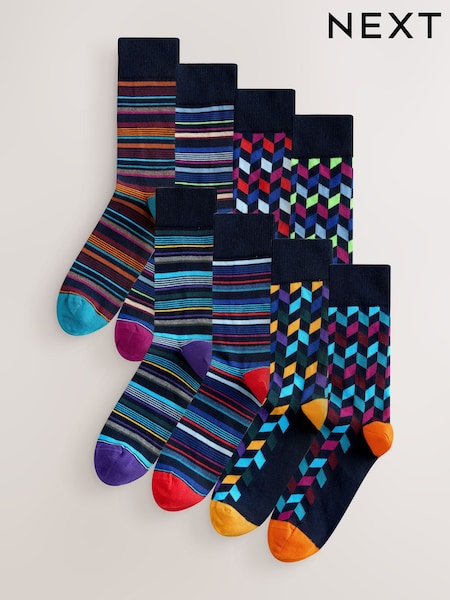 Blue/Orange Pattern Socks 8 Pack (W66820) | £22