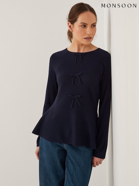 Monsoon Blue Paula Peplum Bow Jumper (W66914) | £69