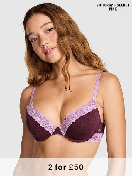 Victoria's Secret PINK Burgandy Red Push Up Cotton Heather Lace Trim Bra (W67089) | £29