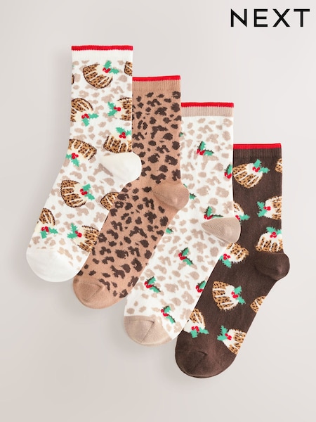 Leopard Christmas Pudding Ankle Socks 4 Pack (W67183) | £10