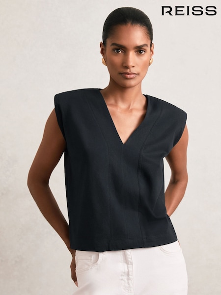 Reiss Navy Dixie Cotton Shoulder-Pad V-Neck Top (W67235) | £35