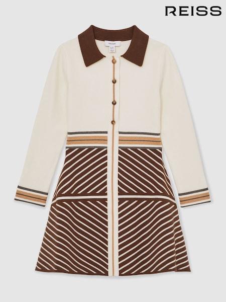Reiss Chocolate Zana 13-14 yrs Stripe-Detail Collared Knit Dress (W67254) | £78