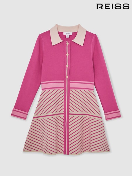 Reiss Dark Pink Zana 13-14 yrs Stripe-Detail Collared Knit Dress (W67270) | £78