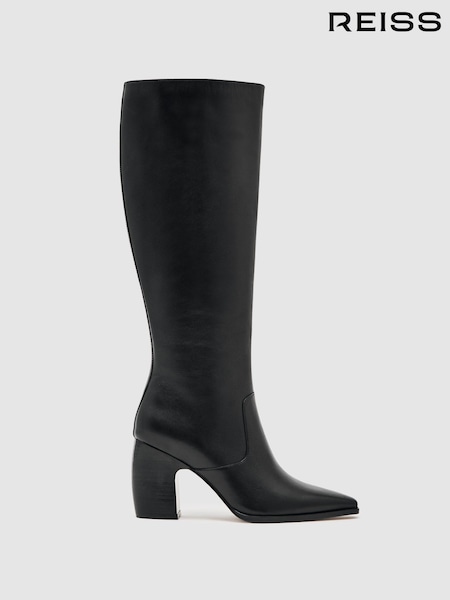 Reiss Black Gabrielle Leather Knee-High Block-Heel Boots (W67271) | £350