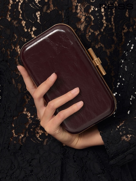 Reiss Burgundy Junie Patent Box Clutch Bag (W67277) | £120