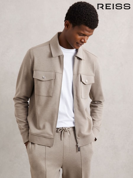 Reiss Taupe Brown Medina Interlock Jersey Zip-Through Jacket (W67278) | £168