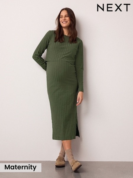 Khaki Green Maternity Long Sleeve Nursing Shelf Dress (W67299) | £38