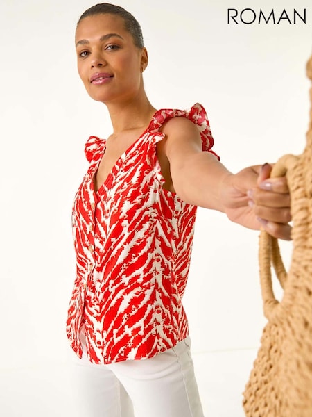 Roman Red Printed Frill Sleeve Button Blouse (W67365) | £32