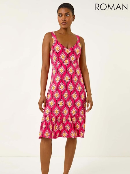 Roman Pink Geometric Print Strappy Frill Dress (W67366) | £42