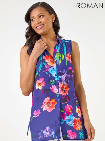 Roman Purple Floral Leaf Print Longline Button Blouse (W67375) | £40