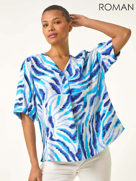 Roman Blue Animal Print Pleated Tunic Top (W67381) | £40