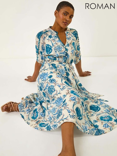Roman Blue Floral Print Midi Shirt Dress (W67382) | £58