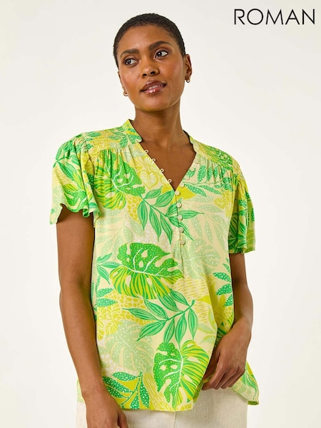 Roman Green Leaf Print Shirred V-Neck Blouse (W67389) | £36