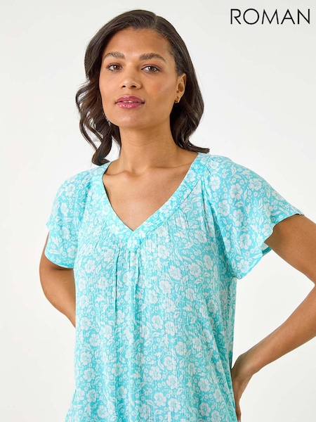 Roman Blue Floral Print V-Neck Blouse (W67392) | £32