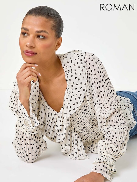 Roman White Spot Frill Pleated Peplum Blouse (W67404) | £40